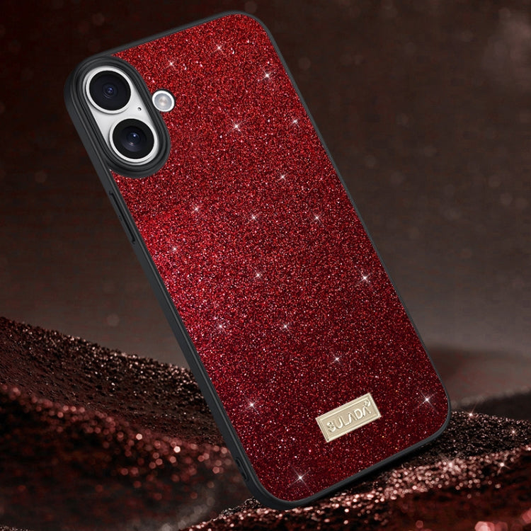 For iPhone 16 Plus SULADA Glittery PC Hybrid TPU Handmade Leather Phone Case(Red) by SULADA