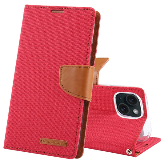 For iPhone 15 Plus GOOSPERY CANVAS DIARY Fabric Texture Flip Leather Phone Case(Red) by GOOSPERY
