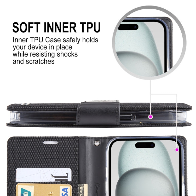 For iPhone 15 GOOSPERY CANVAS DIARY Fabric Texture Flip Leather Phone Case(Black) by GOOSPERY