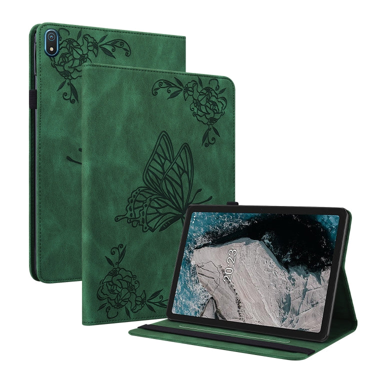 For Nokia T20 Butterfly Flower Embossed Leather Tablet Case(Green) by bashfashion