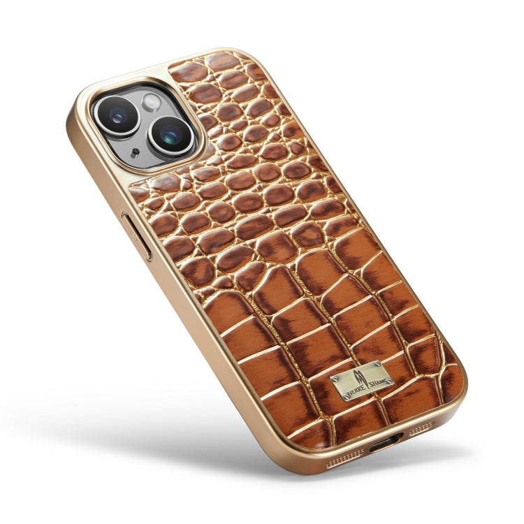 For iPhone 15 Pro Max Fierre Shann Crocodile Texture Electroplating PU Phone Case(Brown) by FIERRE SHANN
