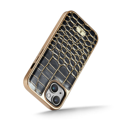 For iPhone 15 Pro Max Fierre Shann Crocodile Texture Electroplating PU Phone Case(Black) by FIERRE SHANN