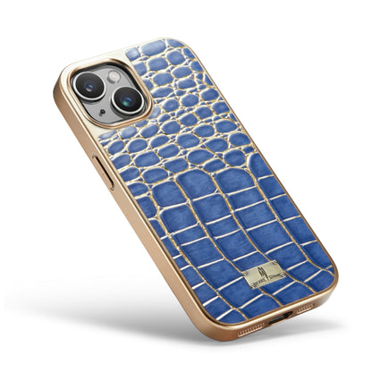 For iPhone 15 Pro Fierre Shann Crocodile Texture Electroplating PU Phone Case(Blue) by FIERRE SHANN