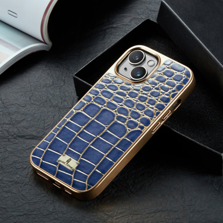 For iPhone 15 Pro Fierre Shann Crocodile Texture Electroplating PU Phone Case(Blue) by FIERRE SHANN