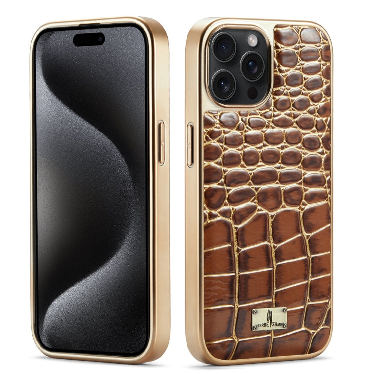 For iPhone 15 Pro Fierre Shann Crocodile Texture Electroplating PU Phone Case(Brown) by FIERRE SHANN