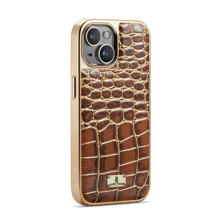 For iPhone 15 Pro Fierre Shann Crocodile Texture Electroplating PU Phone Case(Brown) by FIERRE SHANN