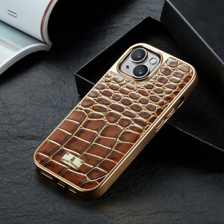 For iPhone 15 Pro Fierre Shann Crocodile Texture Electroplating PU Phone Case(Brown) by FIERRE SHANN