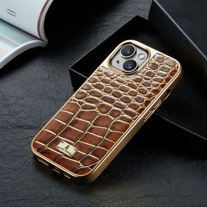 For iPhone 15 Pro Fierre Shann Crocodile Texture Electroplating PU Phone Case(Brown) by FIERRE SHANN