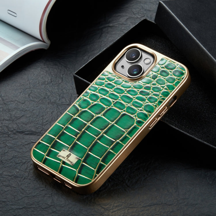 For iPhone 15 Pro Fierre Shann Crocodile Texture Electroplating PU Phone Case(Green) by FIERRE SHANN