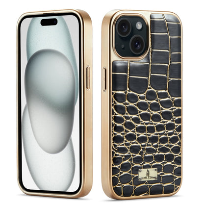 For iPhone 15 Plus Fierre Shann Crocodile Texture Electroplating PU Phone Case(Black) by FIERRE SHANN