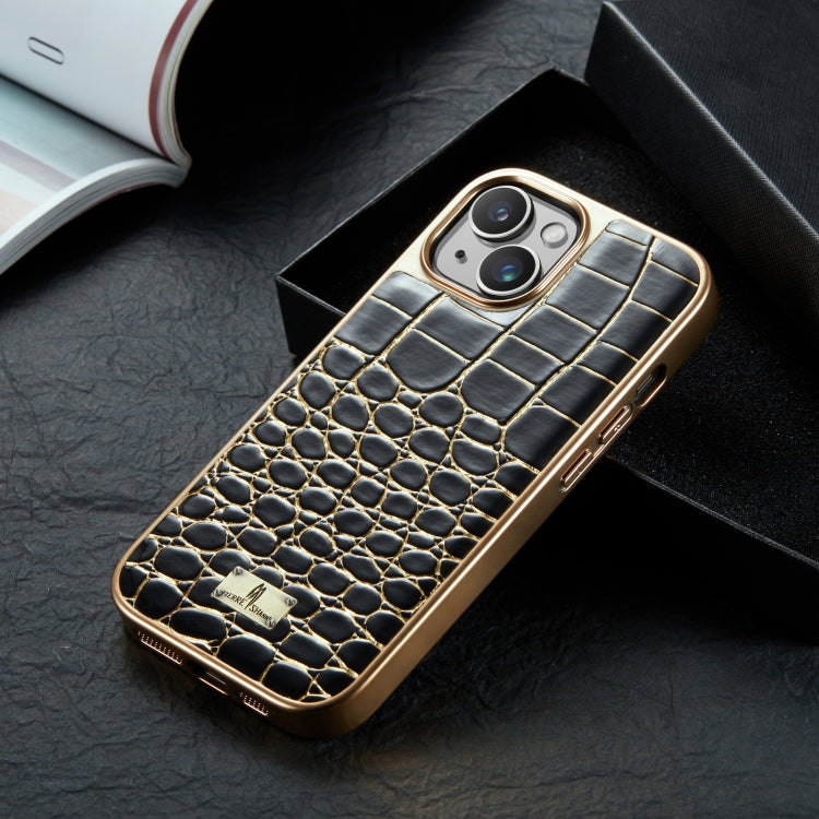 For iPhone 15 Plus Fierre Shann Crocodile Texture Electroplating PU Phone Case(Black) by FIERRE SHANN