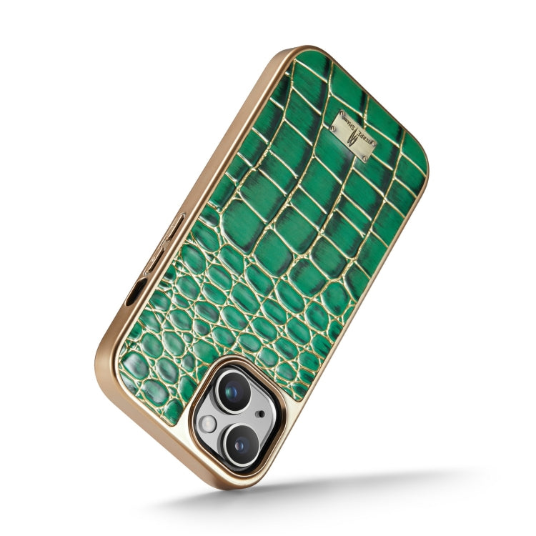 For iPhone 15 Plus Fierre Shann Crocodile Texture Electroplating PU Phone Case(Green) by FIERRE SHANN