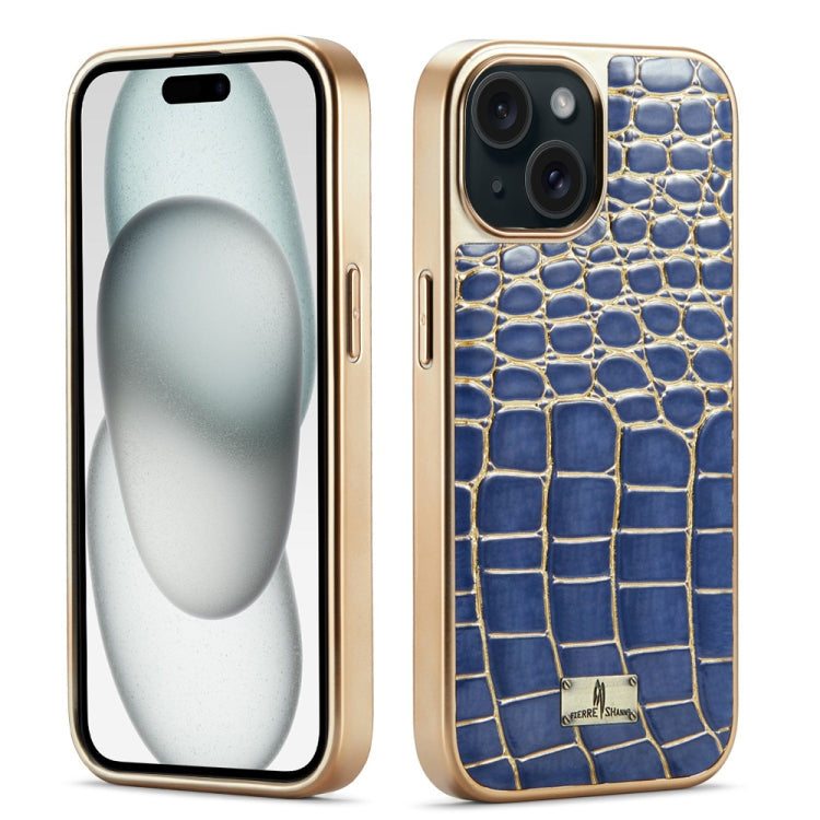 For iPhone 15 Fierre Shann Crocodile Texture Electroplating PU Phone Case(Blue) by FIERRE SHANN