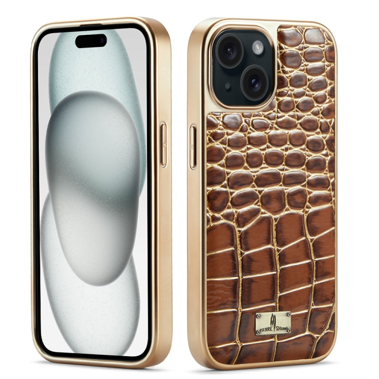 For iPhone 15 Fierre Shann Crocodile Texture Electroplating PU Phone Case(Brown) by FIERRE SHANN