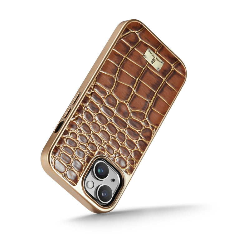For iPhone 15 Fierre Shann Crocodile Texture Electroplating PU Phone Case(Brown) by FIERRE SHANN