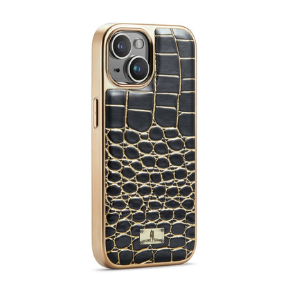 For iPhone 15 Fierre Shann Crocodile Texture Electroplating PU Phone Case(Black) by FIERRE SHANN
