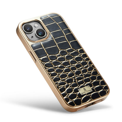 For iPhone 15 Fierre Shann Crocodile Texture Electroplating PU Phone Case(Black) by FIERRE SHANN