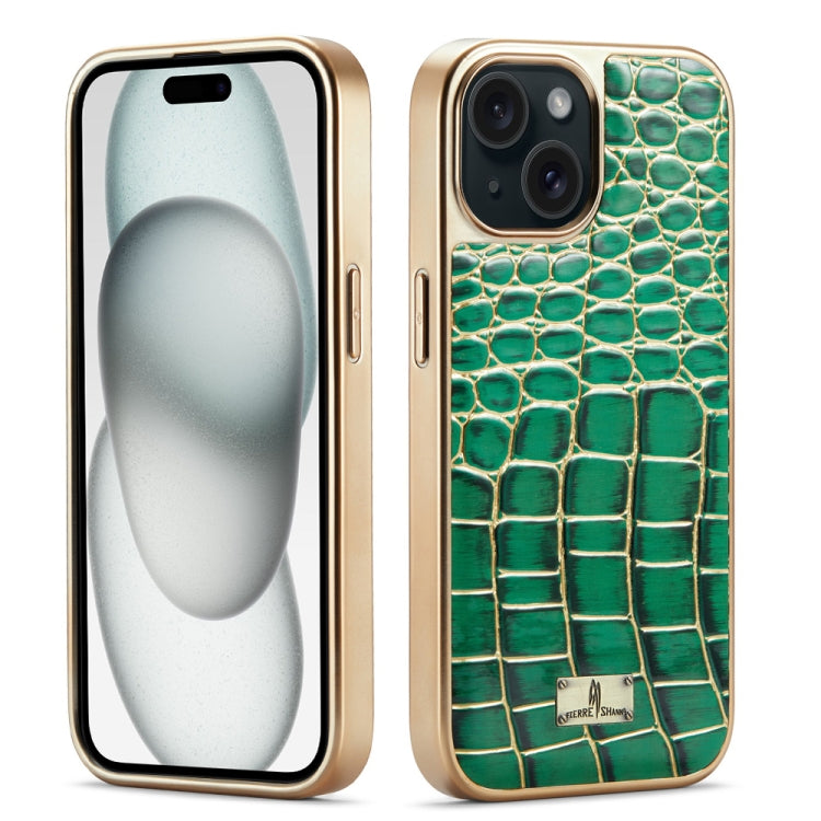 For iPhone 15 Fierre Shann Crocodile Texture Electroplating PU Phone Case(Green) by FIERRE SHANN