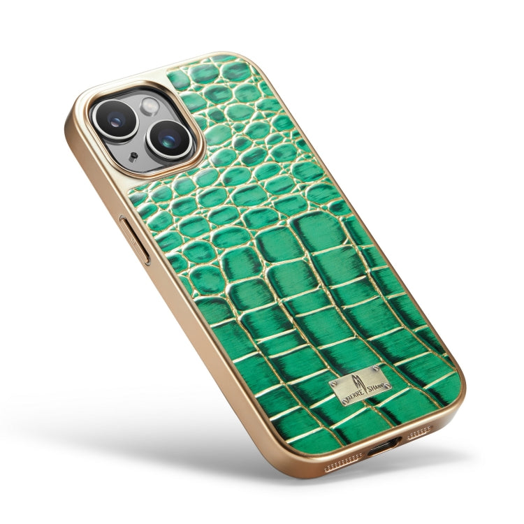 For iPhone 15 Fierre Shann Crocodile Texture Electroplating PU Phone Case(Green) by FIERRE SHANN