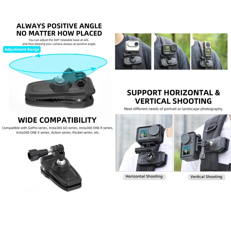 Sunnylife 360 Degree Rotation Swivel Backpack Clip Magnetic Suction Action Camera Mount(Black) by Sunnylife