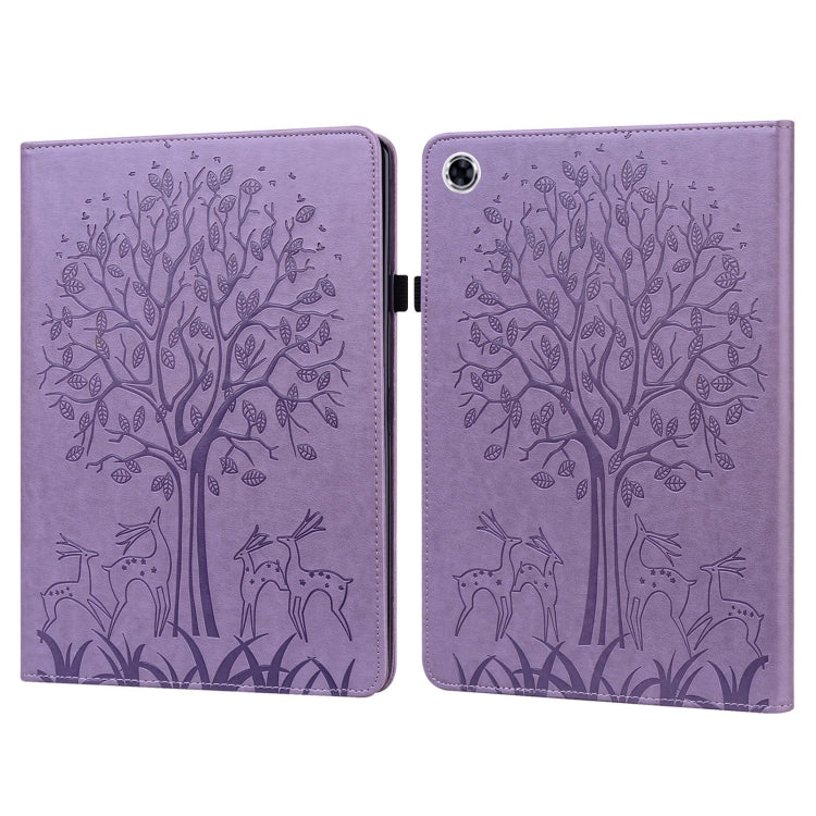 For Samsung Galaxy Tab A9+ Tree & Deer Embossed Leather Tablet Case(Purple) by bashfashion