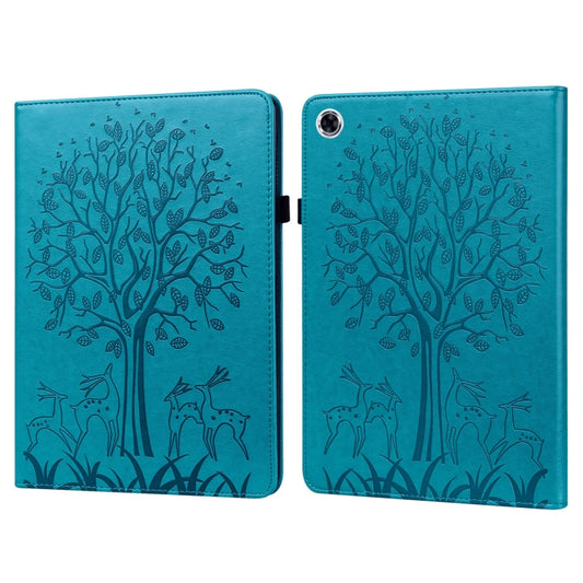 For Samsung Galaxy Tab A9+ Tree & Deer Embossed Leather Tablet Case(Blue) by bashfashion