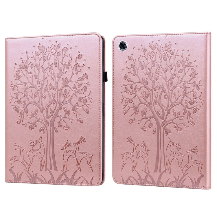 For Samsung Galaxy Tab A9+ Tree & Deer Embossed Leather Tablet Case(Pink) by bashfashion