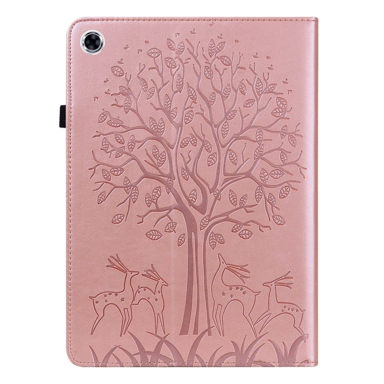 For Samsung Galaxy Tab A9+ Tree & Deer Embossed Leather Tablet Case(Pink) by bashfashion