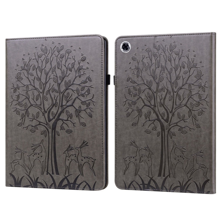 For Samsung Galaxy Tab A9+ Tree & Deer Embossed Leather Tablet Case(Grey) by bashfashion