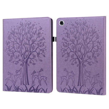 For Samsung Galaxy Tab A9 Tree & Deer Embossed Leather Tablet Case(Purple) by bashfashion