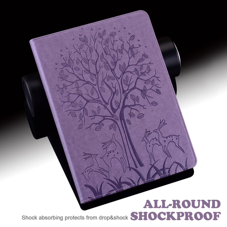 For Samsung Galaxy Tab A9 Tree & Deer Embossed Leather Tablet Case(Purple) by bashfashion