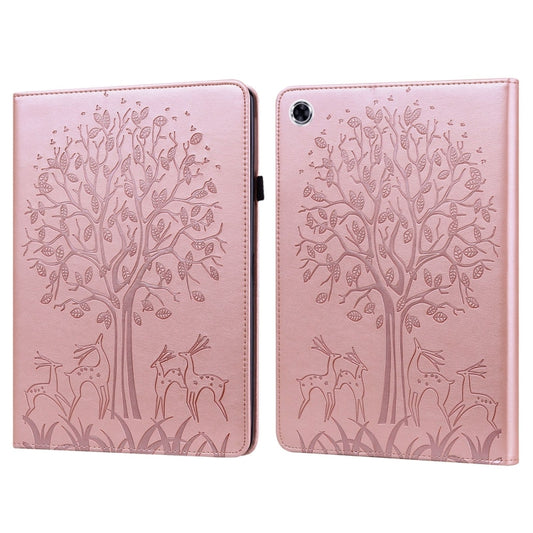 For Samsung Galaxy Tab A9 Tree & Deer Embossed Leather Tablet Case(Pink) by bashfashion