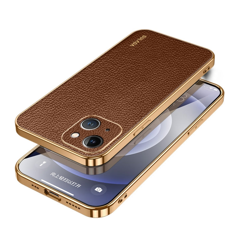 For iPhone 15 SULADA TPU + Litchi Texture Leather Phone Case(Brown) by SULADA