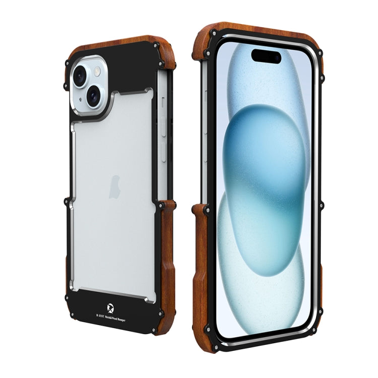 For iPhone 15 R-JUST Ironwood Generation Metal Hybrid Wood Phone Case by R-JUST