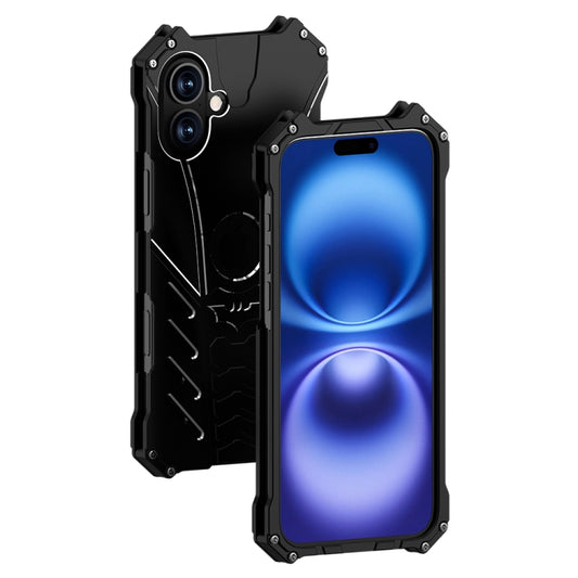 For iPhone 16 R-JUST Batman Hollow Metal Phone Protective Case(Black) by R-JUST