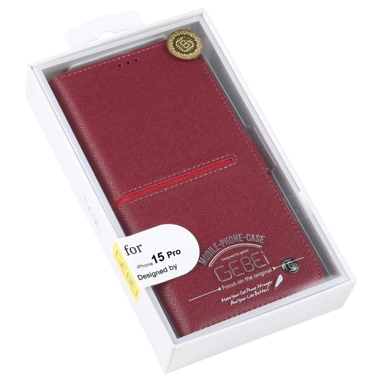 For iPhone 15 Pro GEBEI Top-grain Horizontal Flip Leather Phone Case(Wine Red) by GEBEI