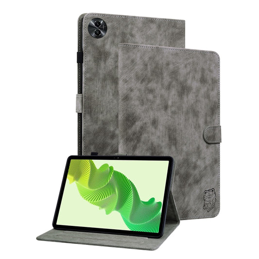 For Realme Pad 2 Tiger Pattern Flip Leather Tablet Case(Grey) by bashfashion