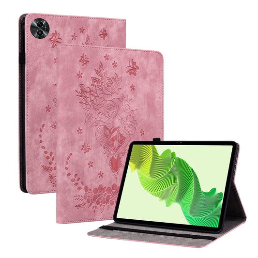 For Realme Pad 2 Butterfly Rose Embossed Leather Tablet Case(Pink) by bashfashion