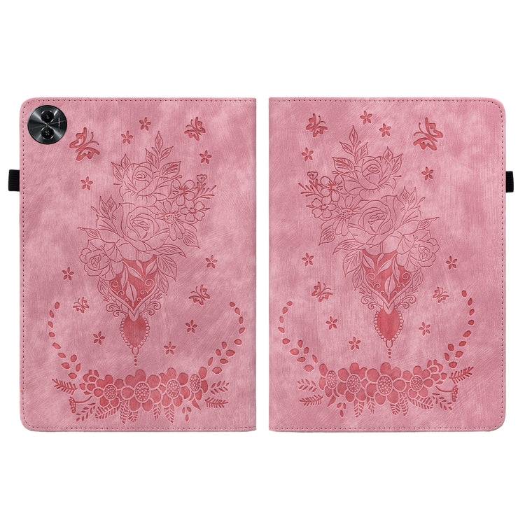 For Realme Pad 2 Butterfly Rose Embossed Leather Tablet Case(Pink) by bashfashion