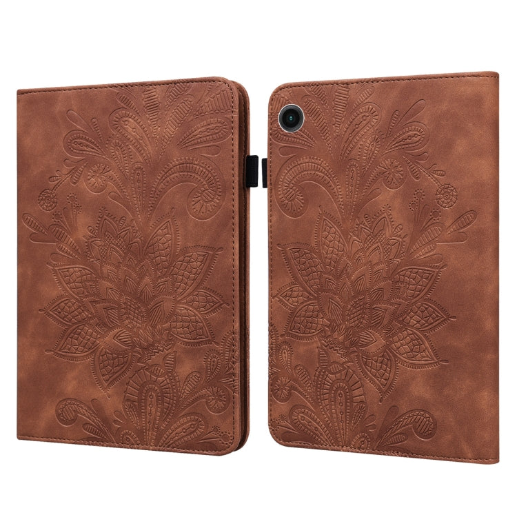 For Samsung Galaxy Tab A11 / A9 Lace Flower Embossing Pattern PU Tablet Case(Brown) by bashfashion