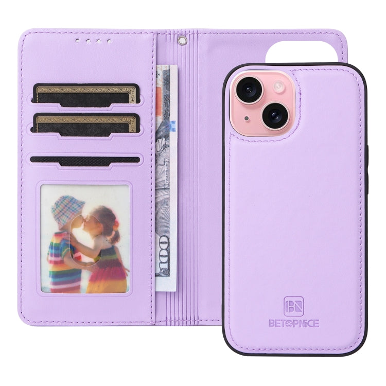 For iPhone 15 BETOPNICE BN-005 2 in 1 Detachable Imitate Genuine Leather Phone Case(Light Purple) by BETOPNICE