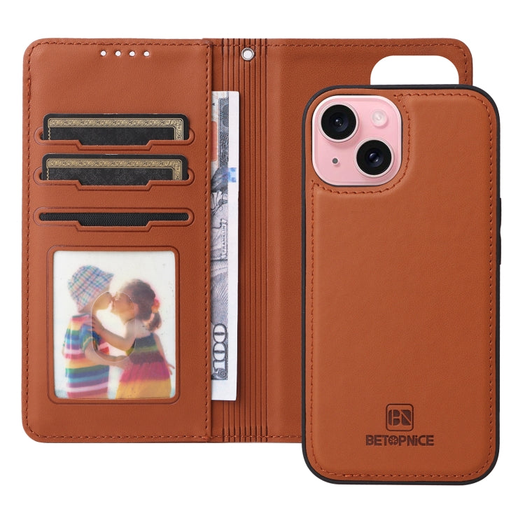 For iPhone 15 BETOPNICE BN-005 2 in 1 Detachable Imitate Genuine Leather Phone Case(Brown) by BETOPNICE