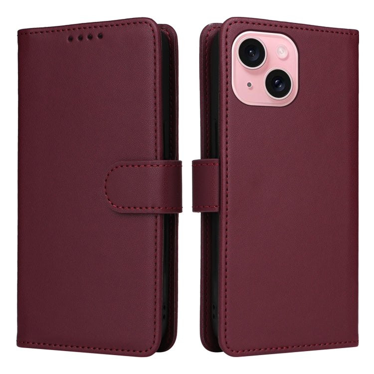 For iPhone 15 BETOPNICE BN-005 2 in 1 Detachable Imitate Genuine Leather Phone Case(Wine Red) by BETOPNICE