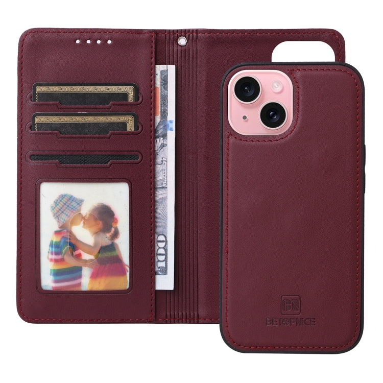 For iPhone 15 BETOPNICE BN-005 2 in 1 Detachable Imitate Genuine Leather Phone Case(Wine Red) by BETOPNICE