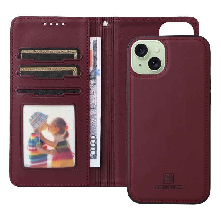 For iPhone 15 Plus BETOPNICE BN-005 2 in 1 Detachable Imitate Genuine Leather Phone Case(Wine Red) by BETOPNICE