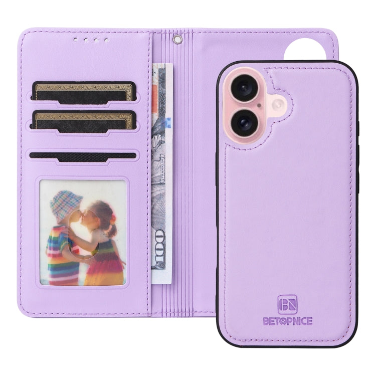 For iPhone 16 BETOPNICE BN-005 2 in 1 Detachable Imitate Genuine Leather Phone Case(Light Purple) by BETOPNICE