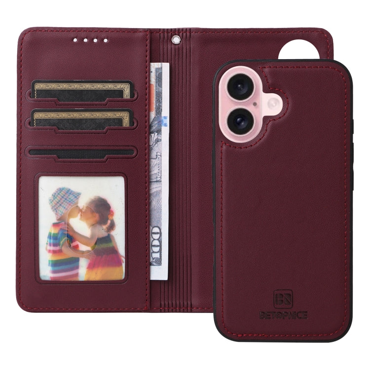For iPhone 16 Plus BETOPNICE BN-005 2 in 1 Detachable Imitate Genuine Leather Phone Case(Wine Red) by BETOPNICE