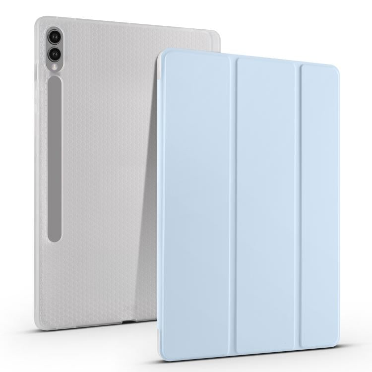 For Samsung Galaxy Tab S10 FE / S9 3-folding Transparent TPU Smart Leather Tablet Case with Pen Slot(Ice Blue) by bashfashion