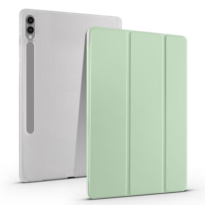 For Samsung Galaxy Tab S10 FE / S9 3-folding Transparent TPU Smart Leather Tablet Case with Pen Slot(Matcha Green) by bashfashion