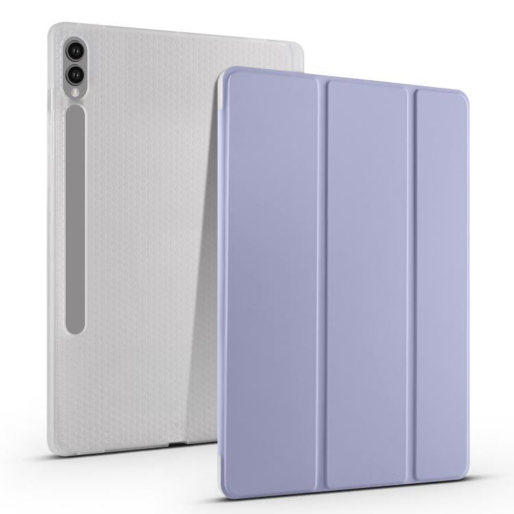 For Samsung Galaxy Tab S10 FE / S9 3-folding Transparent TPU Smart Leather Tablet Case with Pen Slot(Lavender) by bashfashion